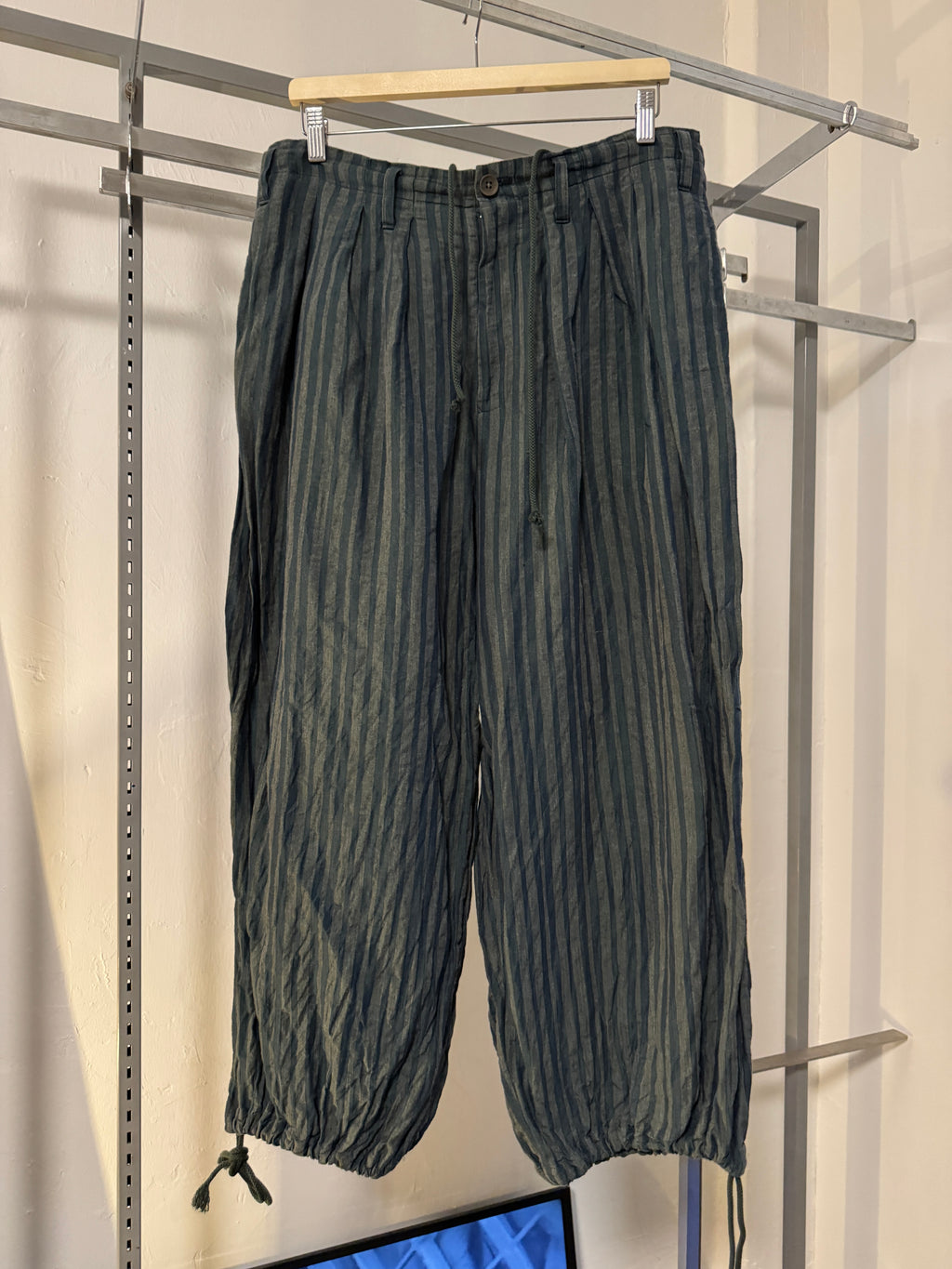 SS20 Yohji Yamamoto Pour Homme Indigo Linen Stripes Drawstring Balloon Pants