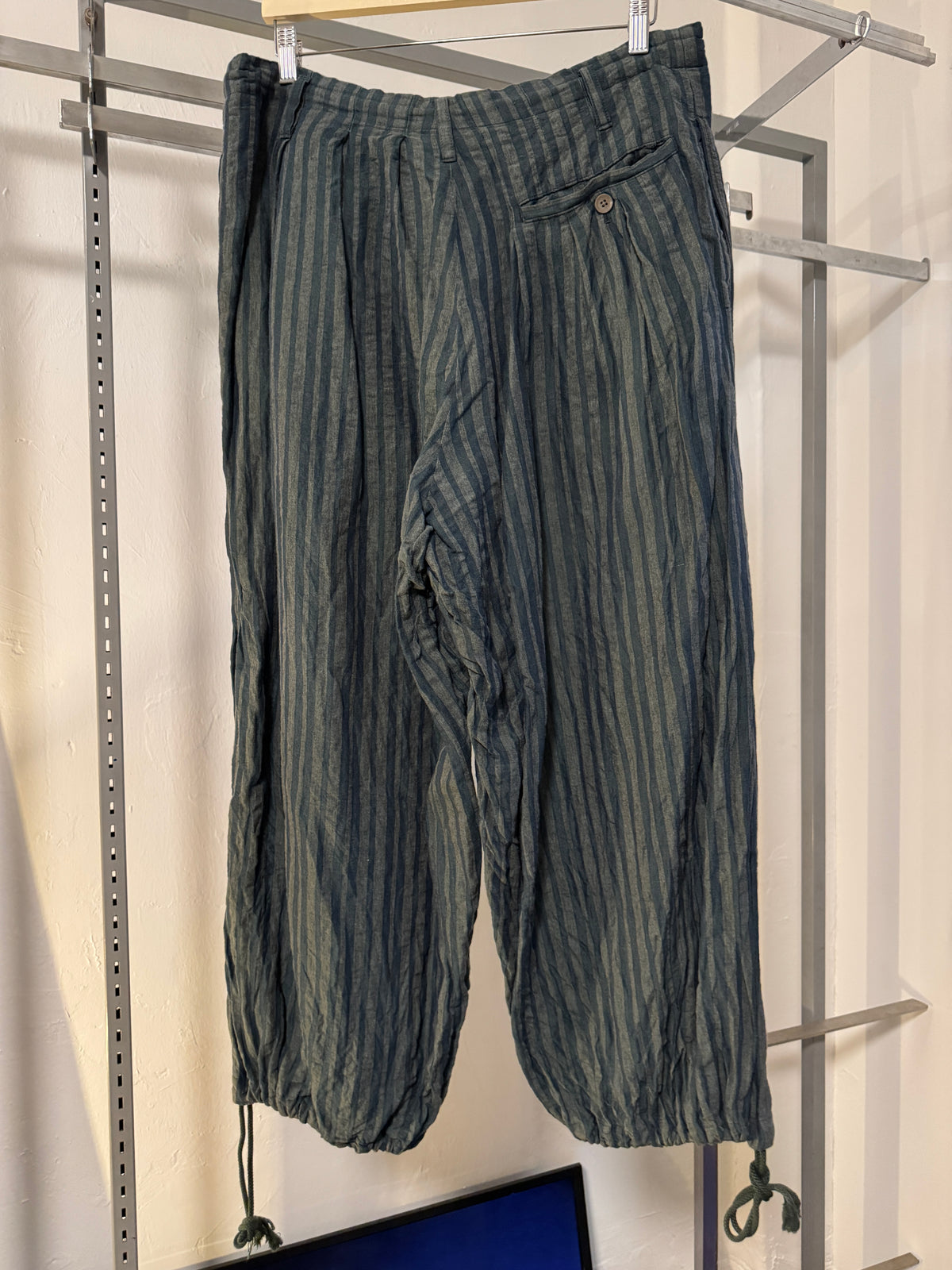 SS20 Yohji Yamamoto Pour Homme Indigo Linen Stripes Drawstring Balloon Pants