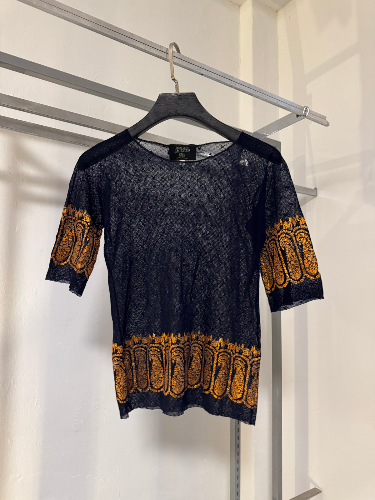 90s Jean Paul Gaultier Maille Gold Boteh Paisley Mesh Short Sleeve Top