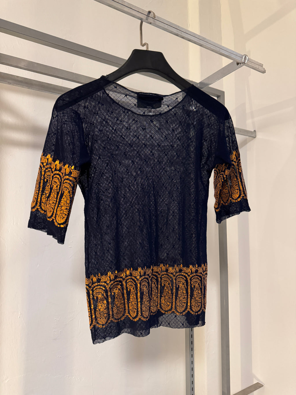 90s Jean Paul Gaultier Maille Gold Boteh Paisley Mesh Short Sleeve Top